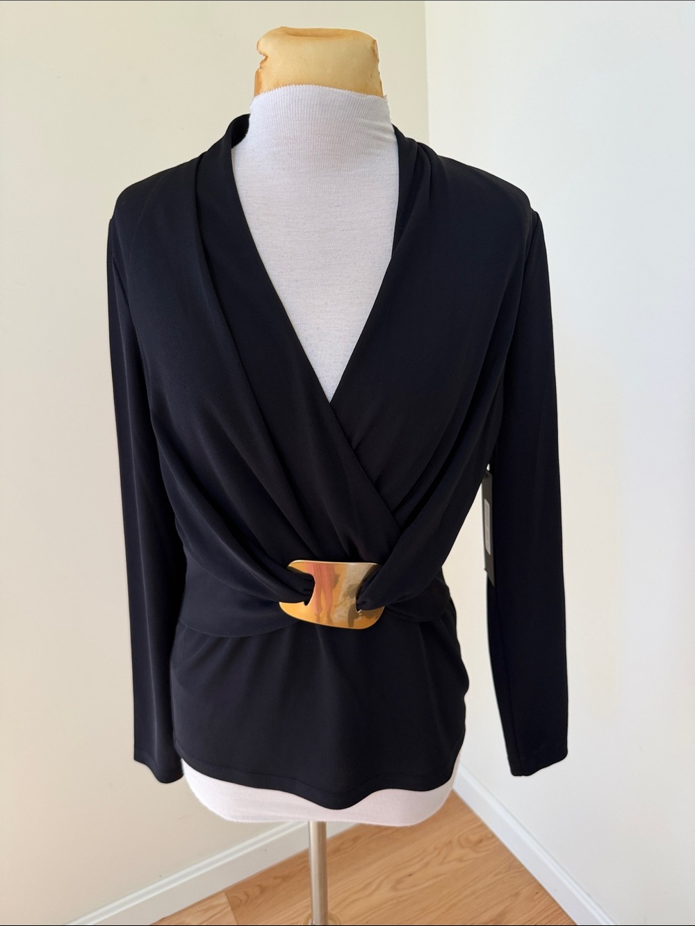 New! Donna karan small black faux wrap neck gold hardware long sleeve top.